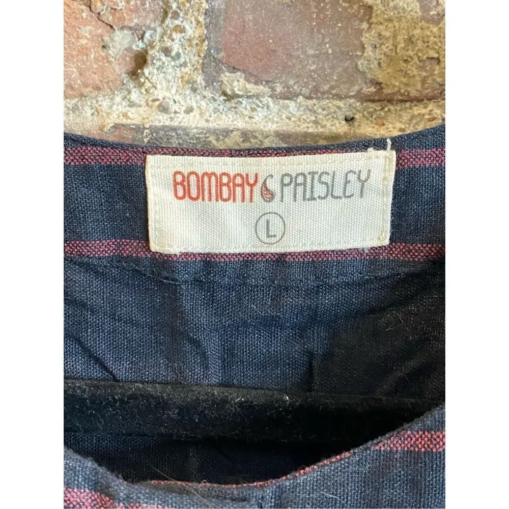 Bombay Paisley Dark Blue Red Stripe Floral Embroidered Button Down 3/4 Sleeve Mi - Picture 3 of 16